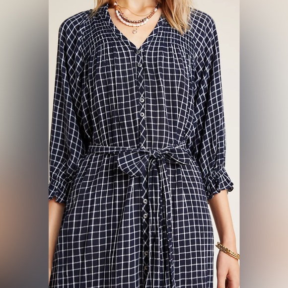 NWT Anthropologie Maeve Navy and White Sara Smocked Shirtdress - Picture 4 of 8
